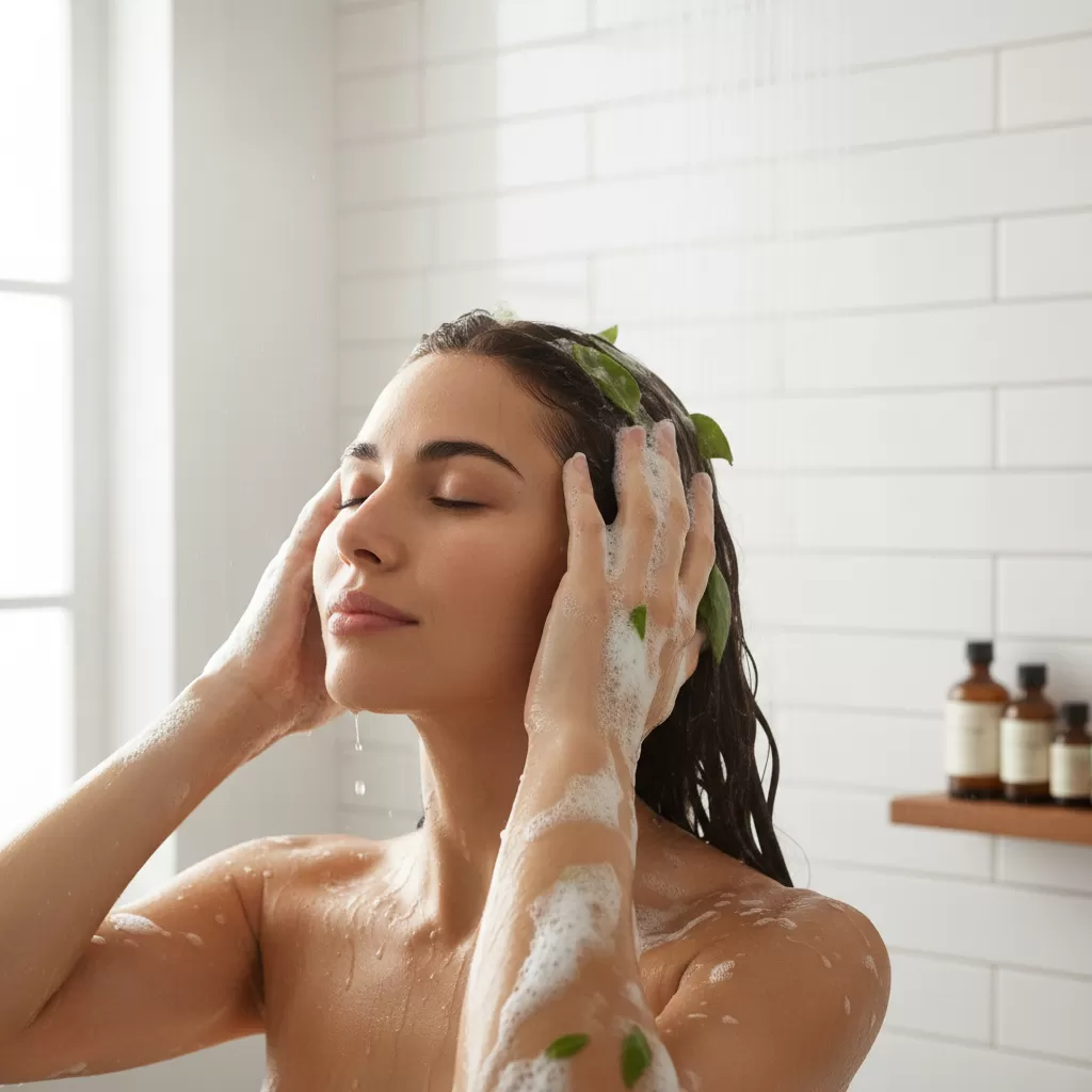 Massage da đầu khi gội giúp tinh chất cỏ mực thẩm thấu sâu vào nang tóc