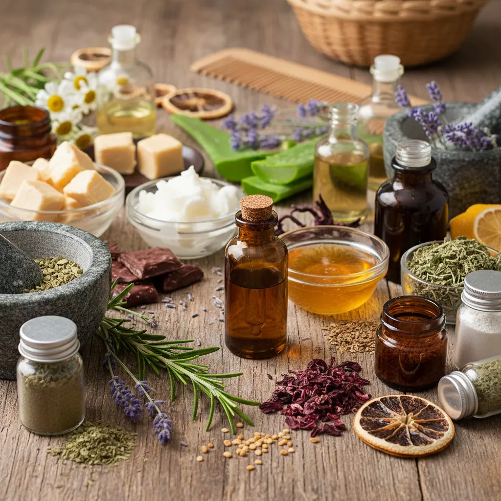 gemini_image_1771844620 Các nguyên liệu tự nhiên lành tính giúp chăm sóc và kích thích mọc tóc hiệu quả