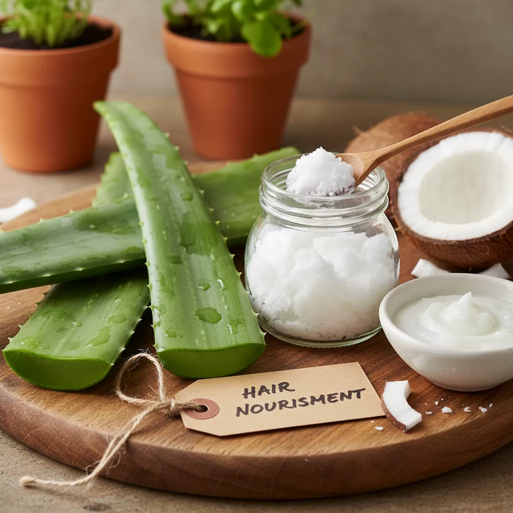 gemini_image_1771844622 Sự kết hợp giữa nha đam và dầu dừa giúp phục hồi sâu và dưỡng ẩm cho tóc