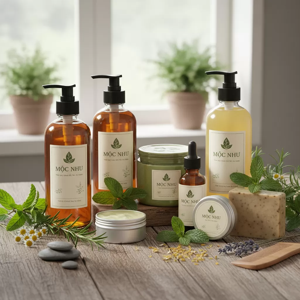 gemini_image_1771851804 Combo chăm sóc tóc và da bằng thảo dược Mộc Nhu là giải pháp làm đẹp an toàn từ thiên nhiên