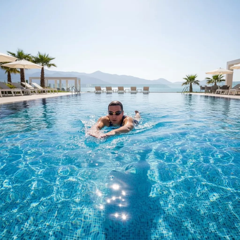 gemini_image_1771864684 Bơi lội thường xuyên mang lại nhiều lợi ích sức khỏe nhưng cũng tiềm ẩn nguy cơ gây hại cho mái tóc