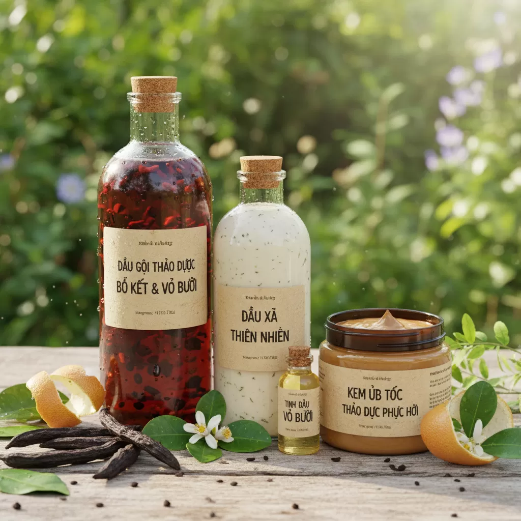gemini_image_1771867812 Sử dụng trọn bộ sản phẩm thảo dược giúp tối ưu hóa hiệu quả chăm sóc tóc toàn diện