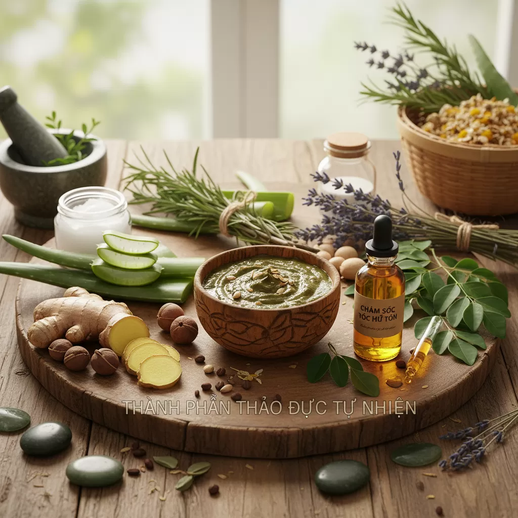 gemini_image_1771867813 Các loại thảo dược quý giúp phục hồi cấu trúc tóc hư tổn từ sâu bên trong