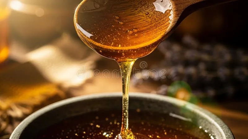 close-up-golden-honey-dripping-wooden-spoon-bowl-shot-thick-slowly-ceramic-soft-warm-background-natural-432050533 Kết cấu sánh mịn của hỗn hợp tẩy tế bào chết tự nhiên