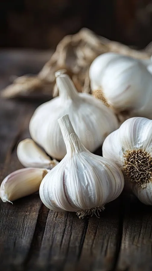 fresh-garlic-cloves-bulbs-papery-skins-rustic-wooden-background-close-up-their-white-slightly-peeled-back-creating-334482022 Tỏi là nguyên liệu tự nhiên mạnh mẽ trong việc bảo vệ và chăm sóc sức khỏe da đầu