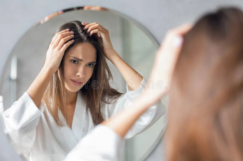 frustrated-woman-examines-hair-roots-bathroom-mirror-showing-signs-hair-loss-dandruff-upset-young-woman-stands-417869640 Tình trạng tóc xỉn màu do thiếu chất chống lão hóa khiến phái đẹp mất đi sự tự tin