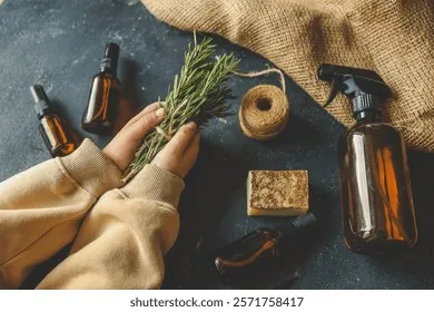 hands-holding-bundle-fresh-rosemary-260nw-2571758417 Nguyên liệu hương thảo tươi và chai xịt thủy tinh để làm nước dưỡng tóc tại nhà
