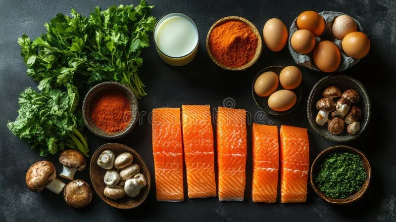 top-down-view-vitamin-d-rich-foods-including-fresh-salmon-eggs-milk-mushrooms-leafy-greens-dark-background-healthy-368454686 Chế độ ăn uống đa dạng giúp cung cấp nguồn Vitamin D tự nhiên cho cơ thể